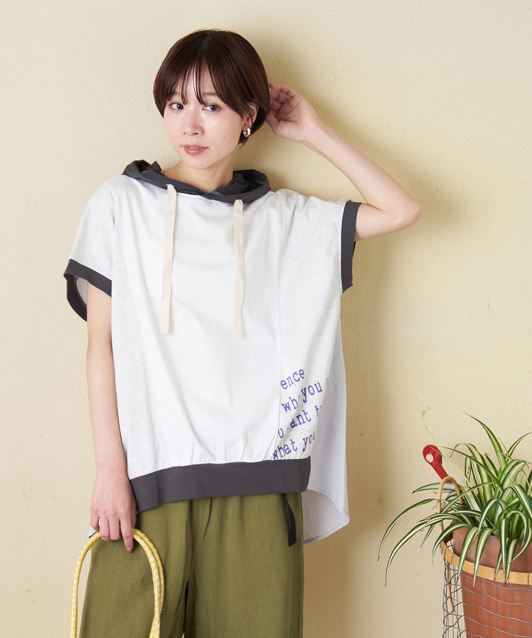 CUBE SUGAR(キューブシュガー) |【春新作】26/-天竺 × 布帛 フレンチスリーブ ビッグ プルオーバーパーカー