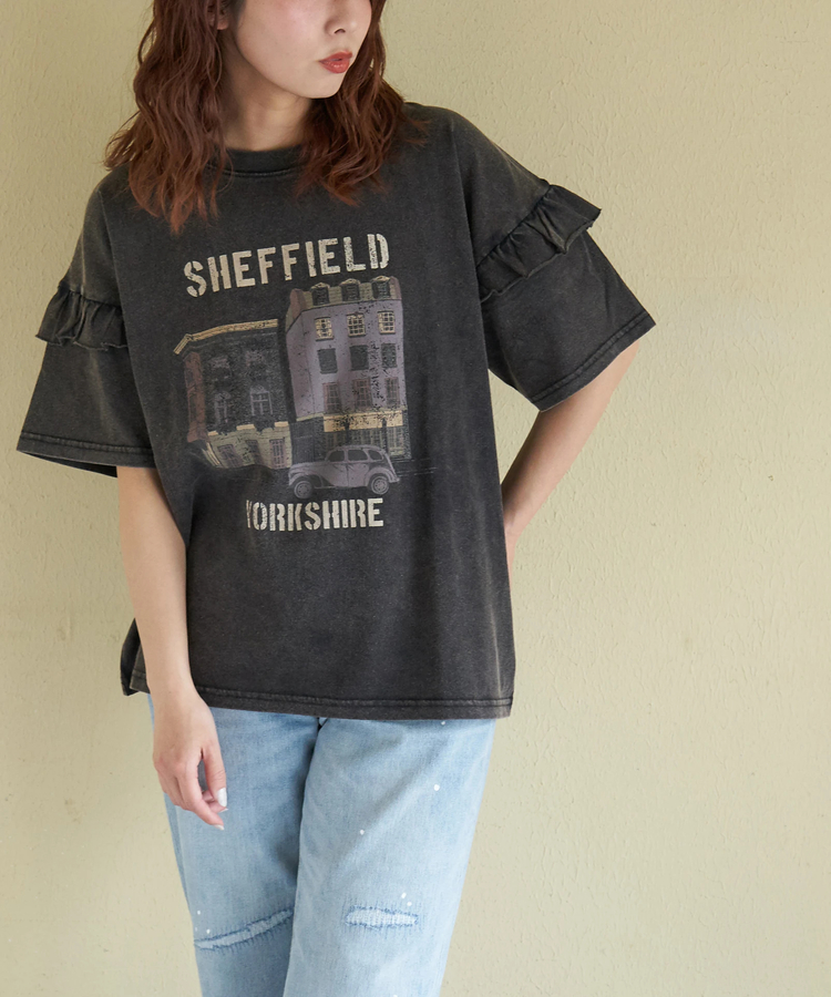 CUBE SUGAR(キューブシュガー) |【春新作】21/-OE天竺 パウダー加工 袖フリル Tシャツ