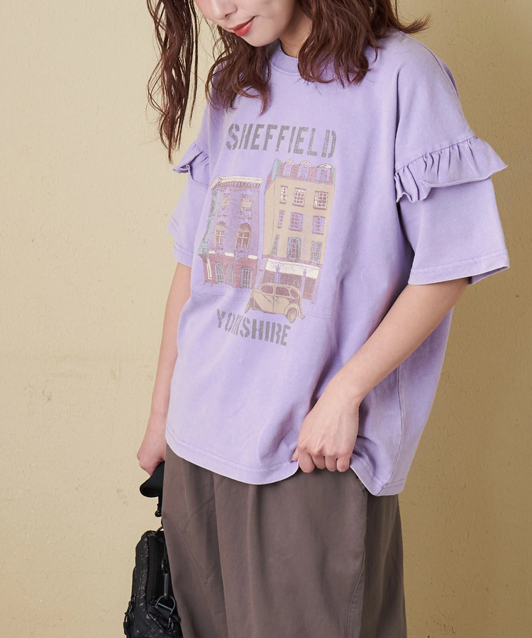 CUBE SUGAR(キューブシュガー) |【春新作】21/-OE天竺 パウダー加工 袖フリル Tシャツ