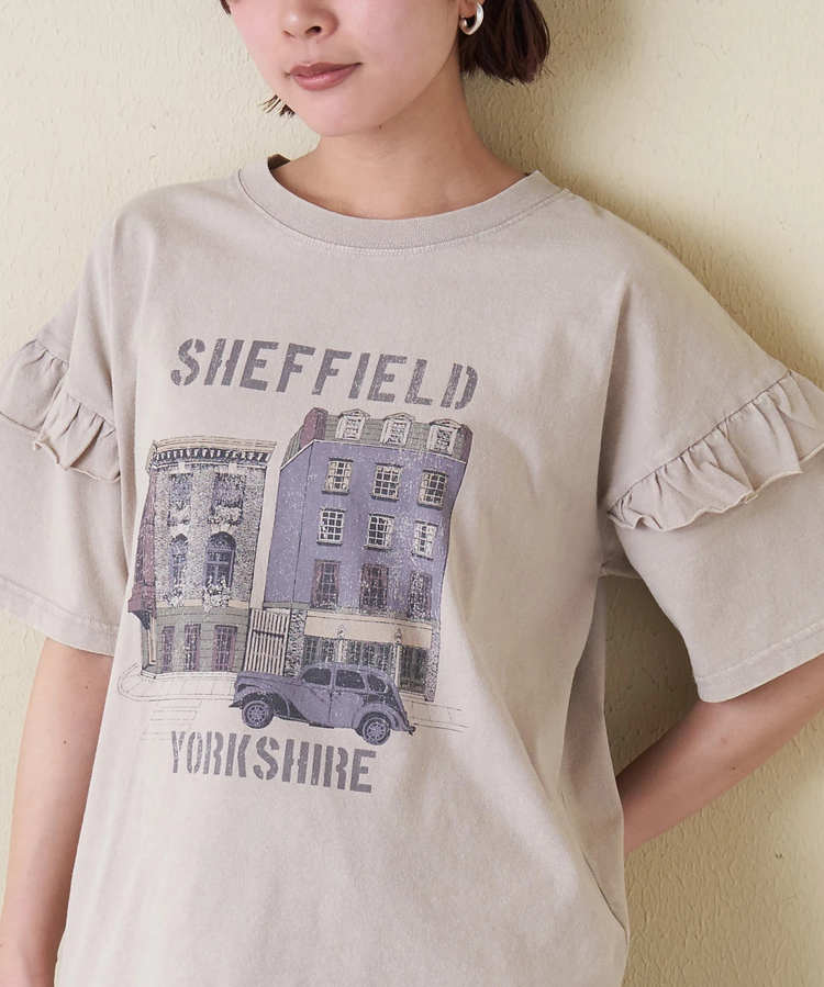 CUBE SUGAR(キューブシュガー) |【春新作】21/-OE天竺 パウダー加工 袖フリル Tシャツ