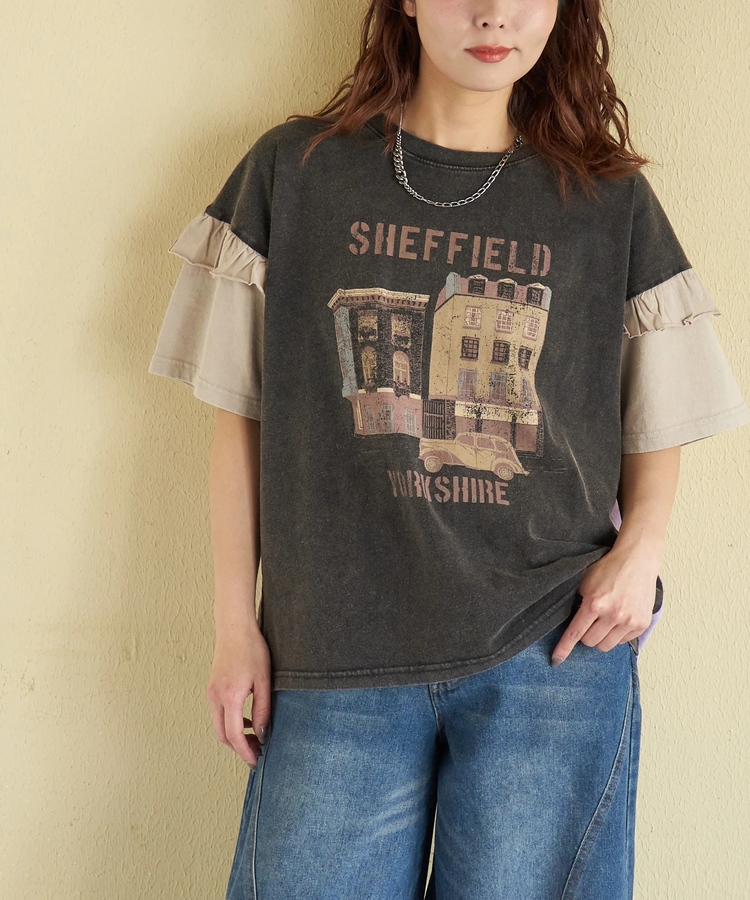 CUBE SUGAR(キューブシュガー) |【春新作】21/-OE天竺 パウダー加工 袖フリル Tシャツ