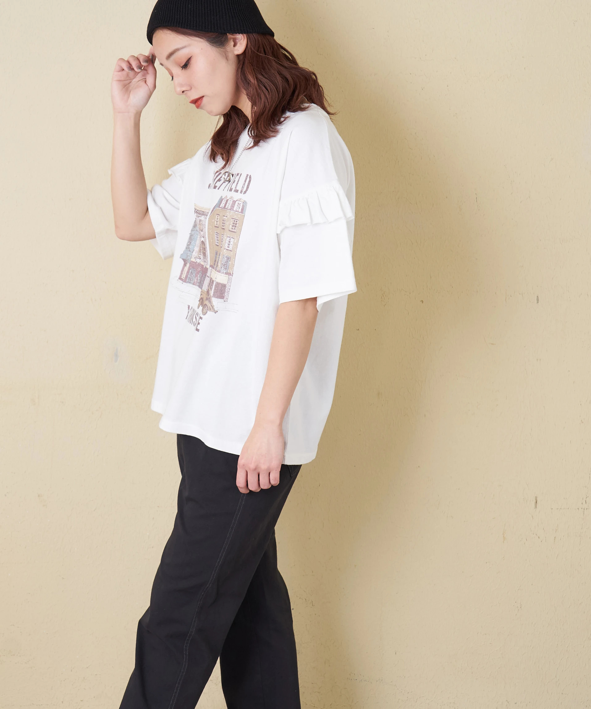 春夏新作】21/-OE天竺 パウダー加工 袖フリル Tシャツ｜ファッション