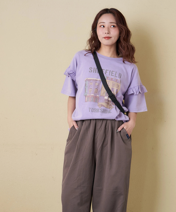 CUBE SUGAR(キューブシュガー) |【春新作】21/-OE天竺 パウダー加工 袖フリル Tシャツ