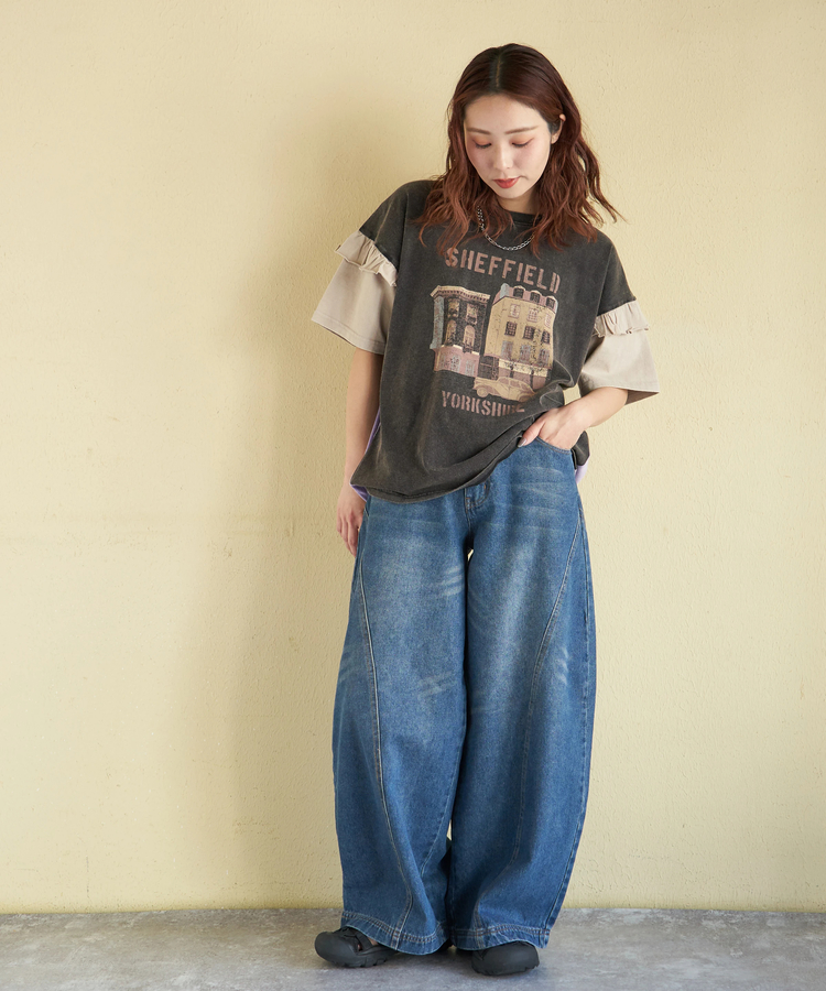 CUBE SUGAR(キューブシュガー) |【春新作】21/-OE天竺 パウダー加工 袖フリル Tシャツ