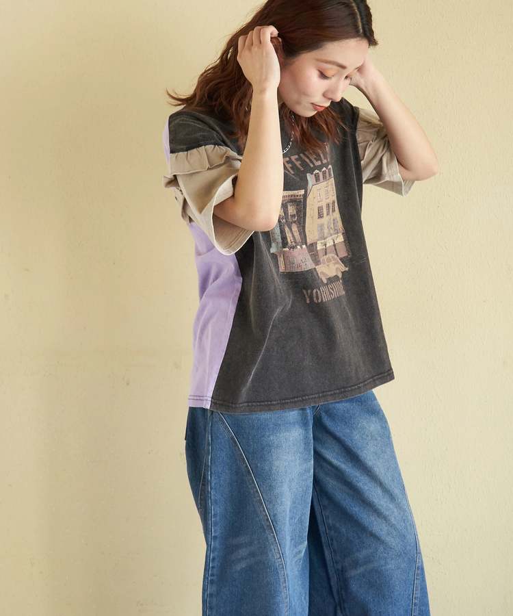 CUBE SUGAR(キューブシュガー) |【春新作】21/-OE天竺 パウダー加工 袖フリル Tシャツ