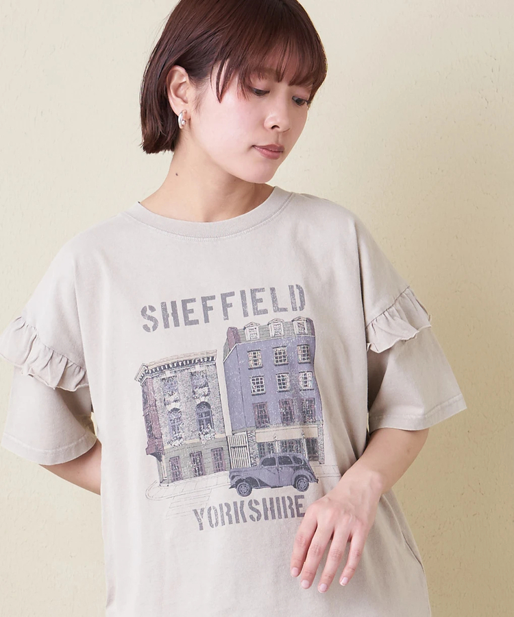 CUBE SUGAR(キューブシュガー) |【春新作】21/-OE天竺 パウダー加工 袖フリル Tシャツ