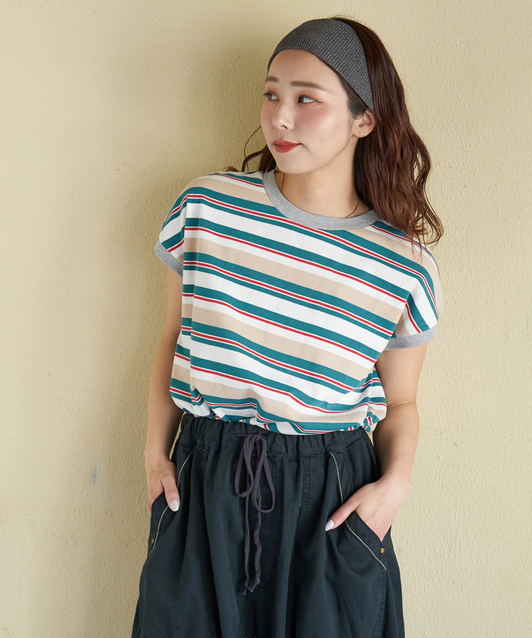 CUBE SUGAR(キューブシュガー) |【春新作】レトロボーダー 汗染み軽減 ノースリーブ プルオーバー