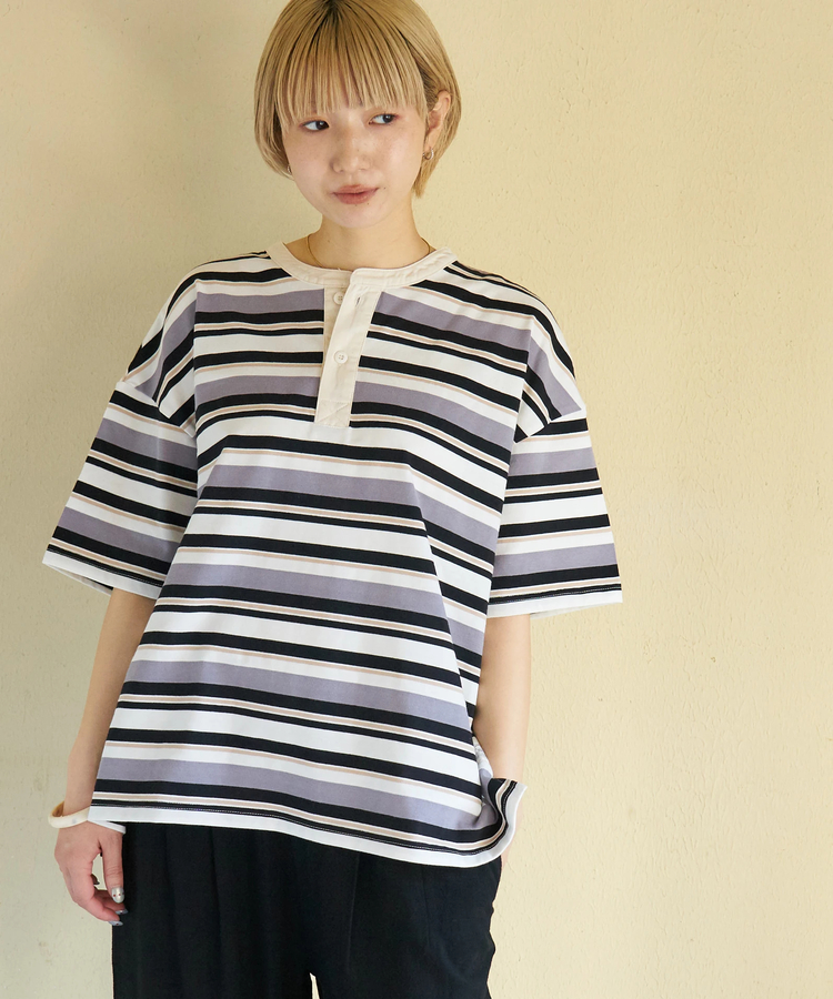 CUBE SUGAR(キューブシュガー) |【春新作】レトロボーダー 汗染み軽減 ヘンリーネック Tシャツ