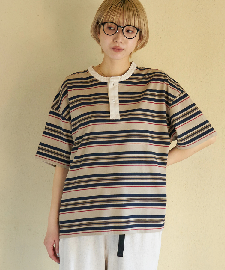 CUBE SUGAR(キューブシュガー) |【春新作】レトロボーダー 汗染み軽減 ヘンリーネック Tシャツ