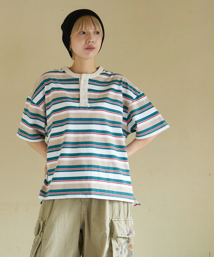 CUBE SUGAR(キューブシュガー) |【春新作】レトロボーダー 汗染み軽減 ヘンリーネック Tシャツ