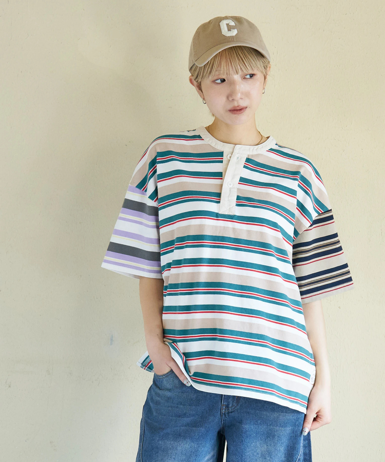 CUBE SUGAR(キューブシュガー) |【春新作】レトロボーダー 汗染み軽減 ヘンリーネック Tシャツ