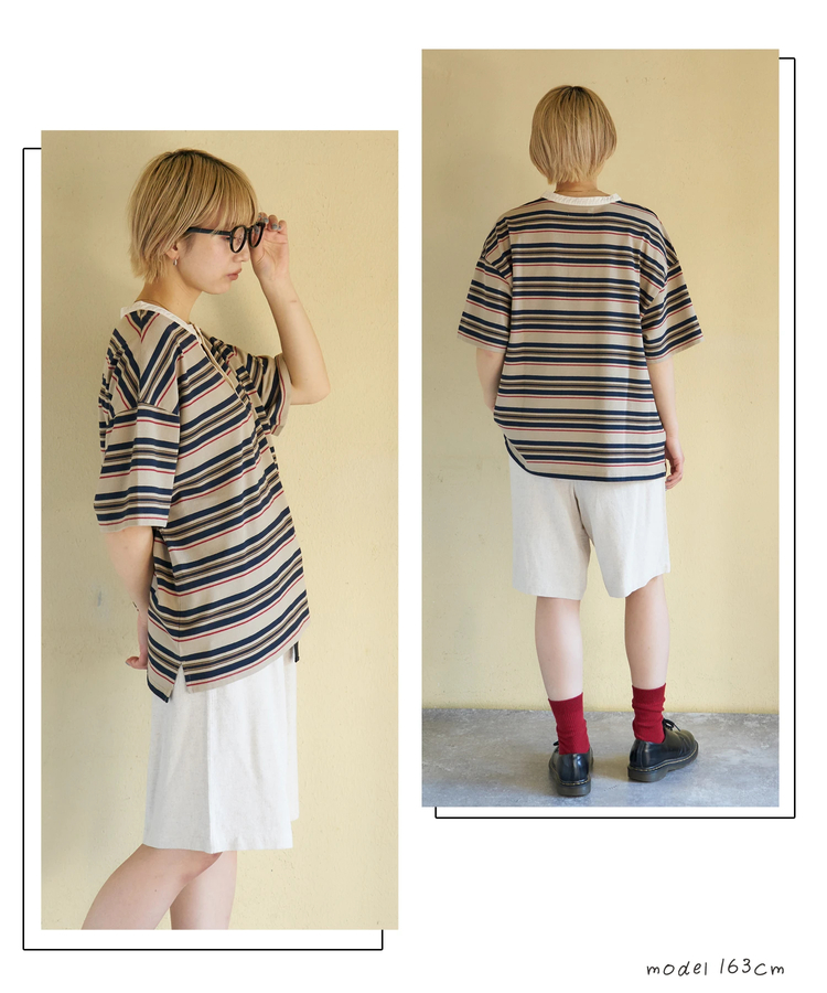 CUBE SUGAR(キューブシュガー) |【春新作】レトロボーダー 汗染み軽減 ヘンリーネック Tシャツ