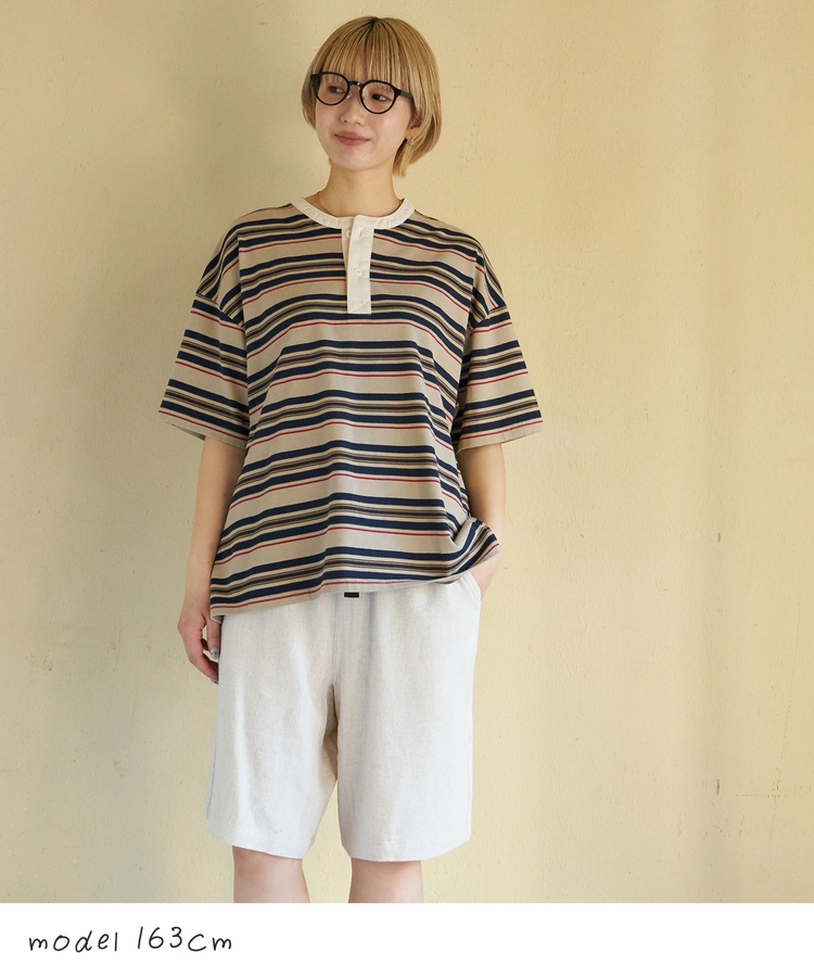 CUBE SUGAR(キューブシュガー) |【春新作】レトロボーダー 汗染み軽減 ヘンリーネック Tシャツ