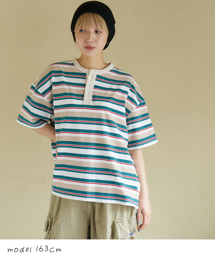 CUBE SUGAR(キューブシュガー) |【春新作】レトロボーダー 汗染み軽減 ヘンリーネック Tシャツ