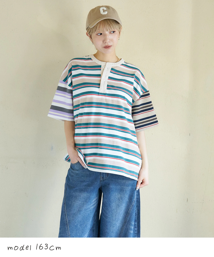 CUBE SUGAR(キューブシュガー) |【春新作】レトロボーダー 汗染み軽減 ヘンリーネック Tシャツ