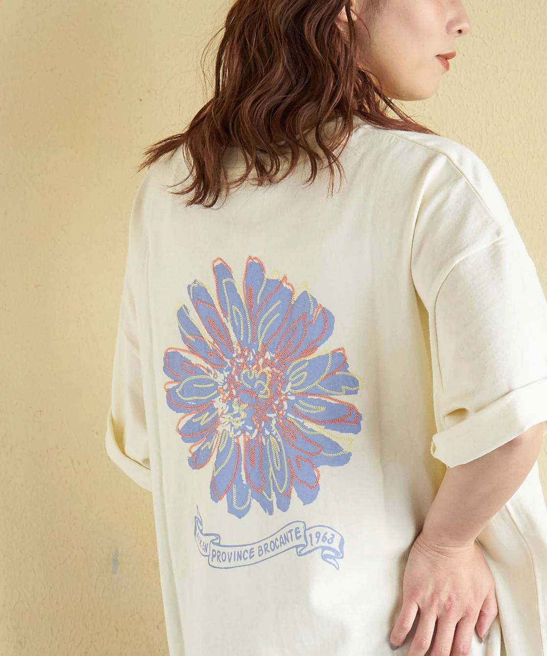 春夏新作】21/-OE天竺 汗染み防止加工 フラワープリント ＆ 刺繍 T