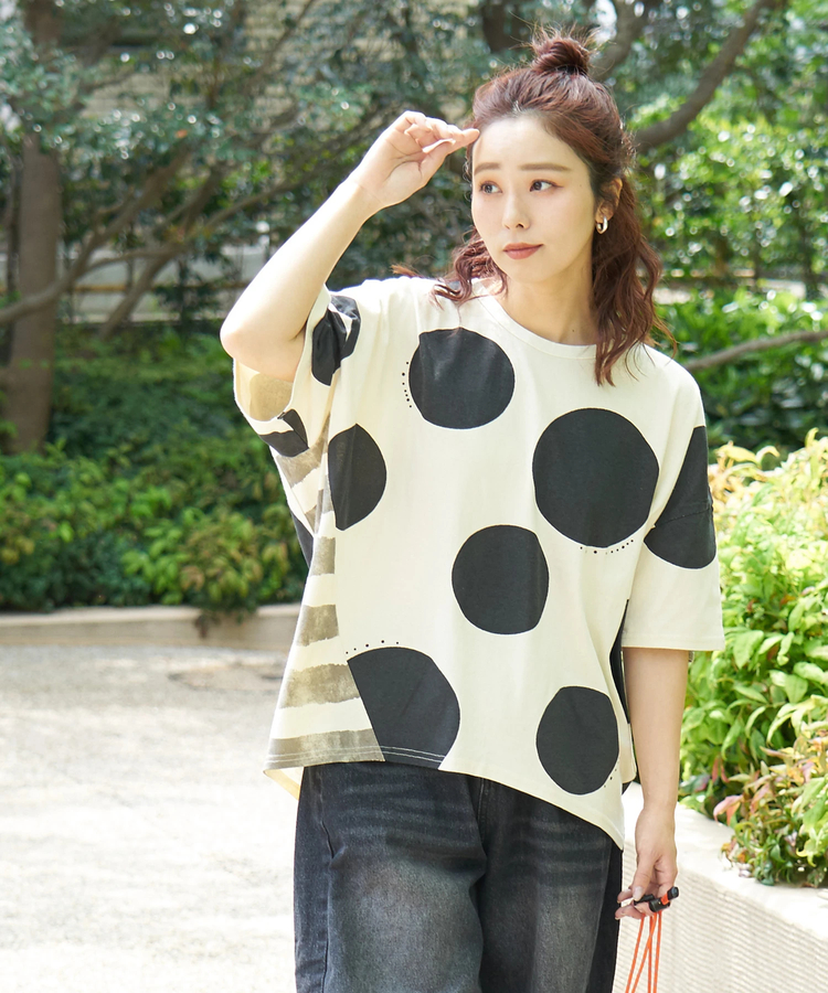 CUBE SUGAR(キューブシュガー) |【春夏新作】21/-OE天竺 ドット / ボーダー プリント 汗染み防止加工 Tシャツ