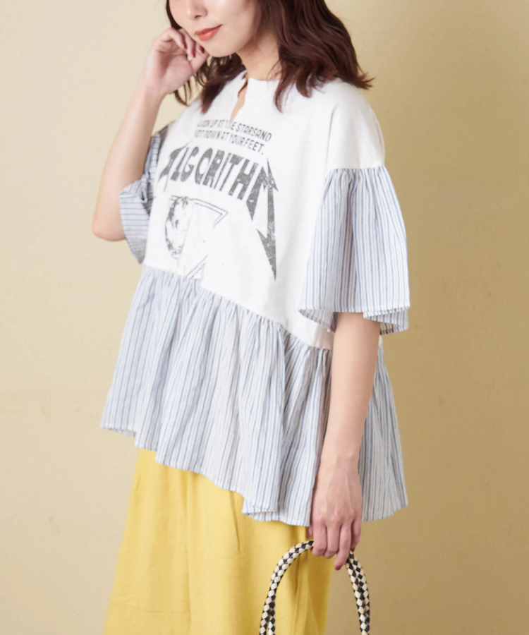 CUBE SUGAR(キューブシュガー) |【春夏新作】32/-スラブ天竺 リメイク風 切替 プルオーバー Tシャツ