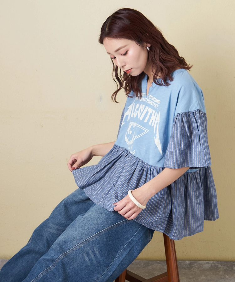 CUBE SUGAR(キューブシュガー) |【春夏新作】32/-スラブ天竺 リメイク風 切替 プルオーバー Tシャツ