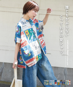 【予約:6月4日頃発送予定】【春夏新作】コットン ボイル 総柄 プリント スタンドカラー シャツ