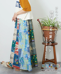 【春夏新作】コットン ボイル 総柄 プリント ギャザー スカート