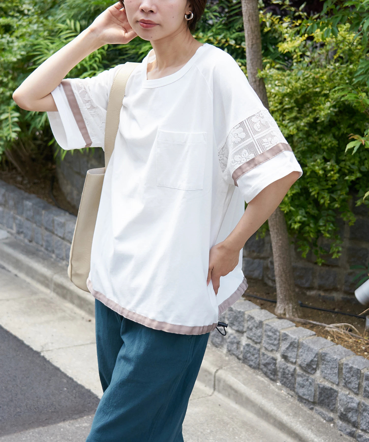 CUBE SUGAR(キューブシュガー) |【春夏新作】26/-OE天竺 レース 切替 ラグラン プルオーバー Tシャツ