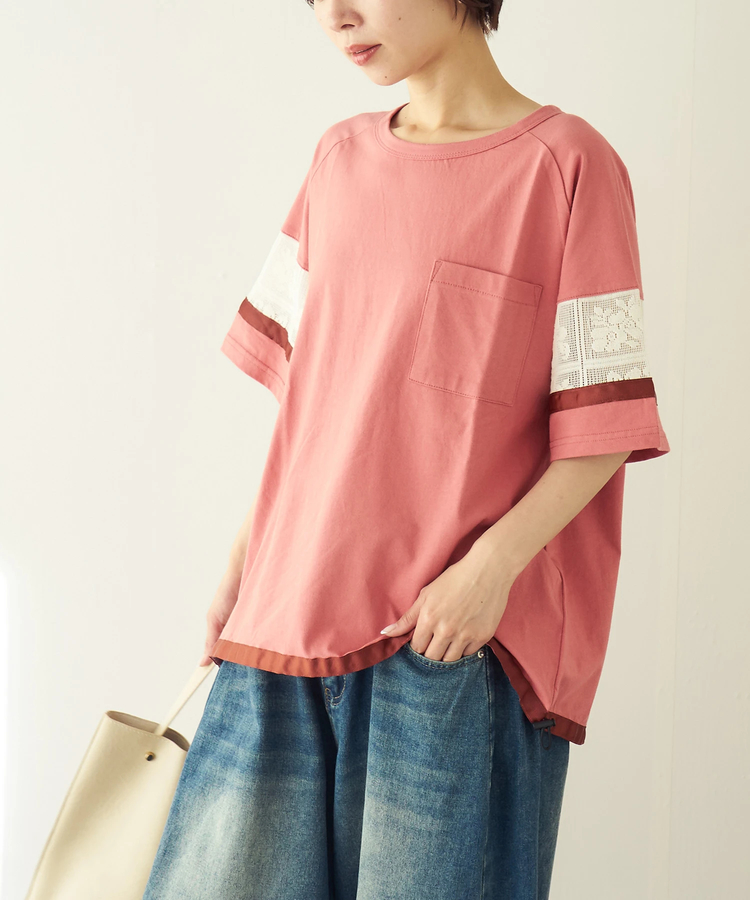 CUBE SUGAR(キューブシュガー) |【春夏新作】26/-OE天竺 レース 切替 ラグラン プルオーバー Tシャツ