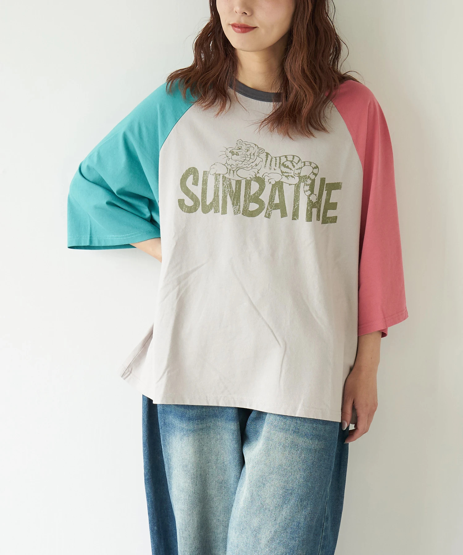 春夏新作】26/-天竺 アニマル プリント ラグランスリーブ Tシャツ