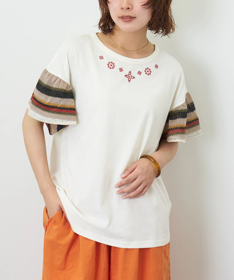 CUBE SUGAR(キューブシュガー) |【夏新作】32/-OE天竺 カットソー 異素材 ベルスリーブ 胸刺繍 Tシャツ