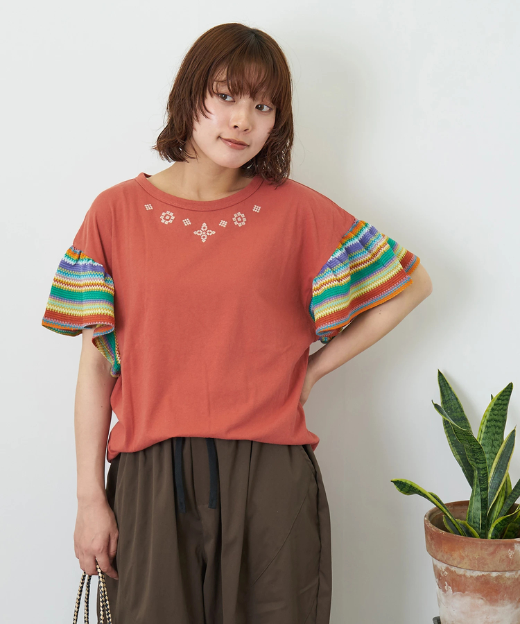 CUBE SUGAR(キューブシュガー) |【夏新作】32/-OE天竺 カットソー 異素材 ベルスリーブ 胸刺繍 Tシャツ