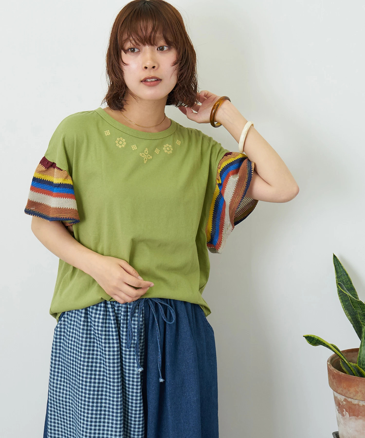 CUBE SUGAR(キューブシュガー) |【夏新作】32/-OE天竺 カットソー 異素材 ベルスリーブ 胸刺繍 Tシャツ