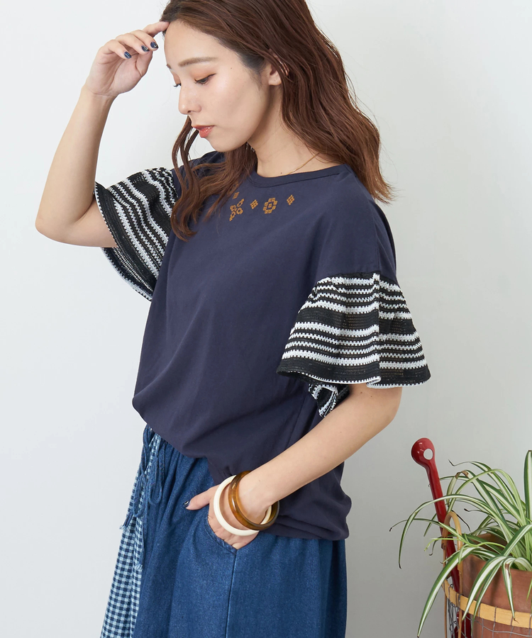 CUBE SUGAR(キューブシュガー) |【夏新作】32/-OE天竺 カットソー 異素材 ベルスリーブ 胸刺繍 Tシャツ