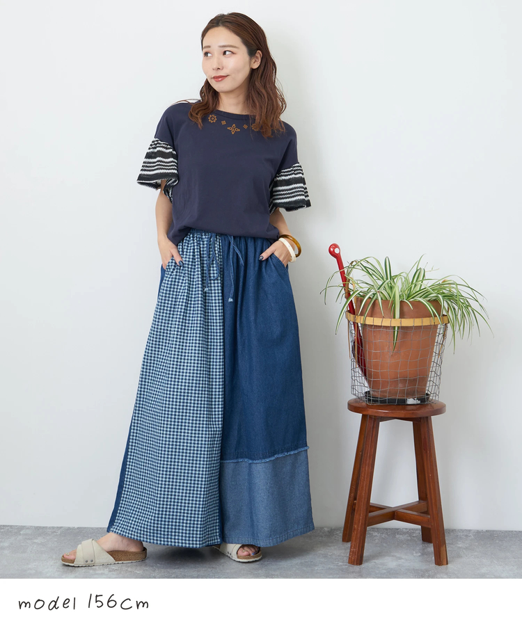 CUBE SUGAR(キューブシュガー) |【夏新作】32/-OE天竺 カットソー 異素材 ベルスリーブ 胸刺繍 Tシャツ