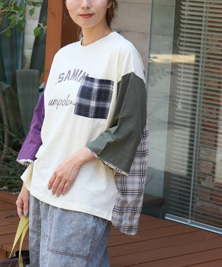 CUBE SUGAR(キューブシュガー) |【秋新作】スラブ天竺 × 先染め チェック ポケ付 リメイク風 プルオーバー Tシャツ