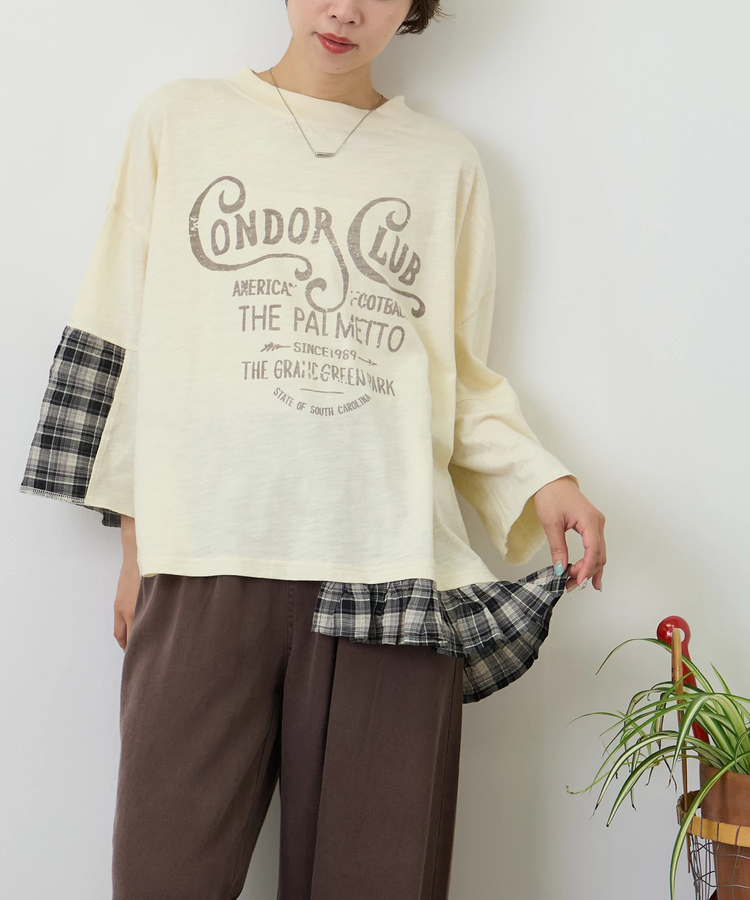 CUBE SUGAR(キューブシュガー) |【秋新作】スラブ天竺 × 先染め チェック 裾フリル リメイク風 プルオーバー Tシャツ