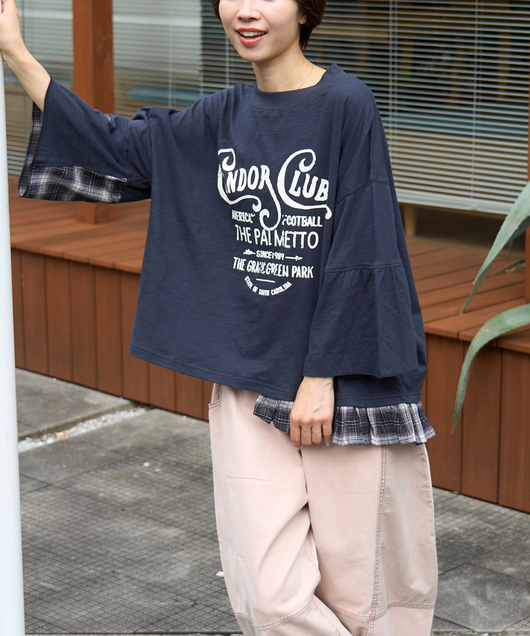 CUBE SUGAR(キューブシュガー) |【秋新作】スラブ天竺 × 先染め チェック 裾フリル リメイク風 プルオーバー Tシャツ
