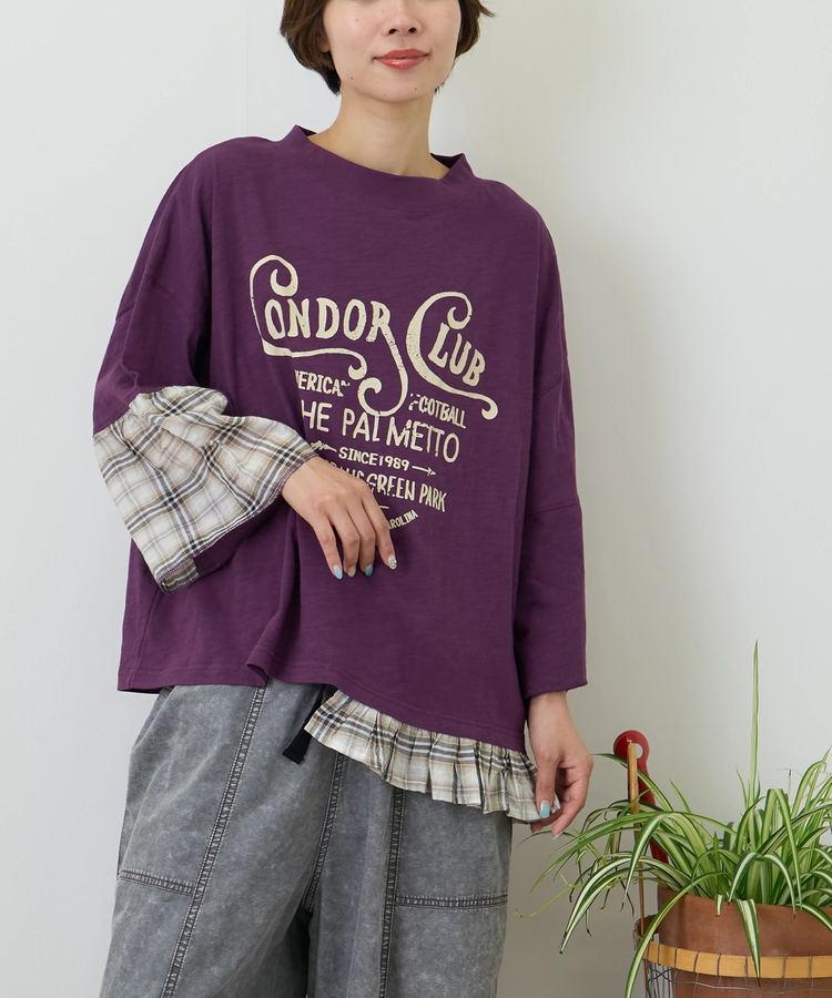 CUBE SUGAR(キューブシュガー) |【秋新作】スラブ天竺 × 先染め チェック 裾フリル リメイク風 プルオーバー Tシャツ