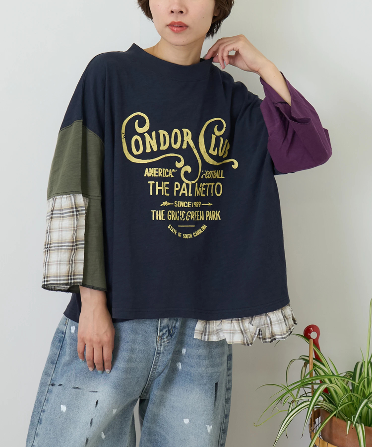 CUBE SUGAR(キューブシュガー) |【秋新作】スラブ天竺 × 先染め チェック 裾フリル リメイク風 プルオーバー Tシャツ