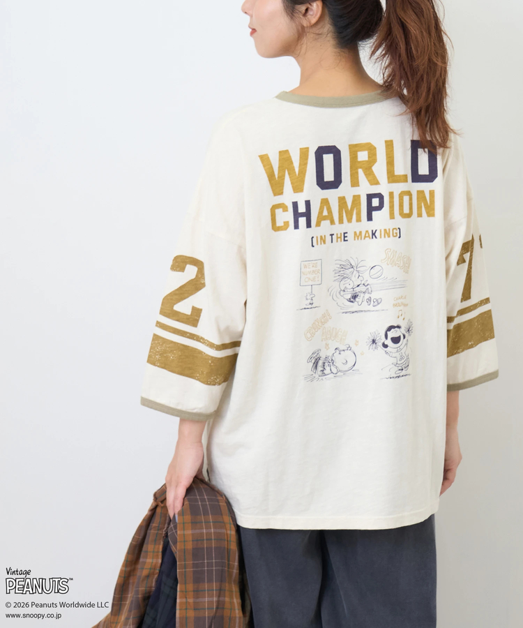 CUBE SUGAR(キューブシュガー) |【秋新作】PEANUTS ( ピーナッツ )  32/-スラブ天竺 ライン入り 7分袖 プルオーバー Tシャツ
