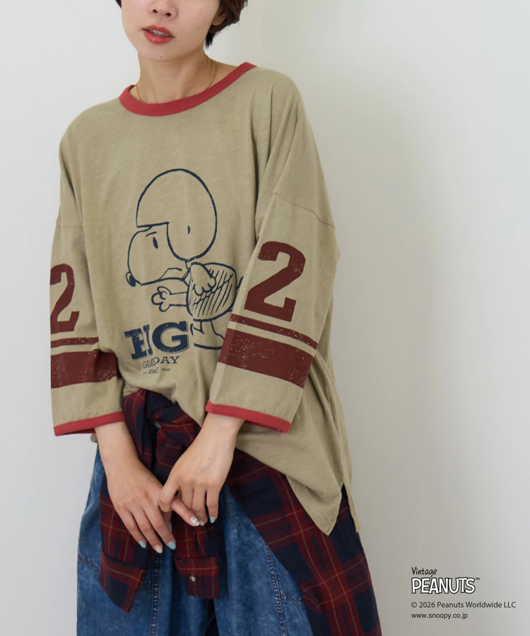 CUBE SUGAR(キューブシュガー) |【秋新作】PEANUTS ( ピーナッツ )  32/-スラブ天竺 ライン入り 7分袖 プルオーバー Tシャツ