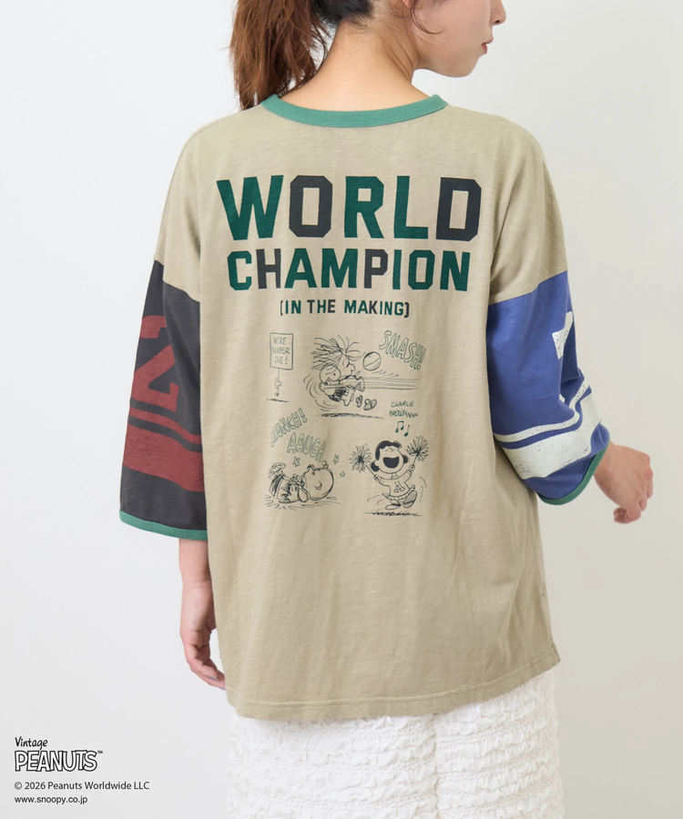 CUBE SUGAR(キューブシュガー) |【秋新作】PEANUTS ( ピーナッツ )  32/-スラブ天竺 ライン入り 7分袖 プルオーバー Tシャツ
