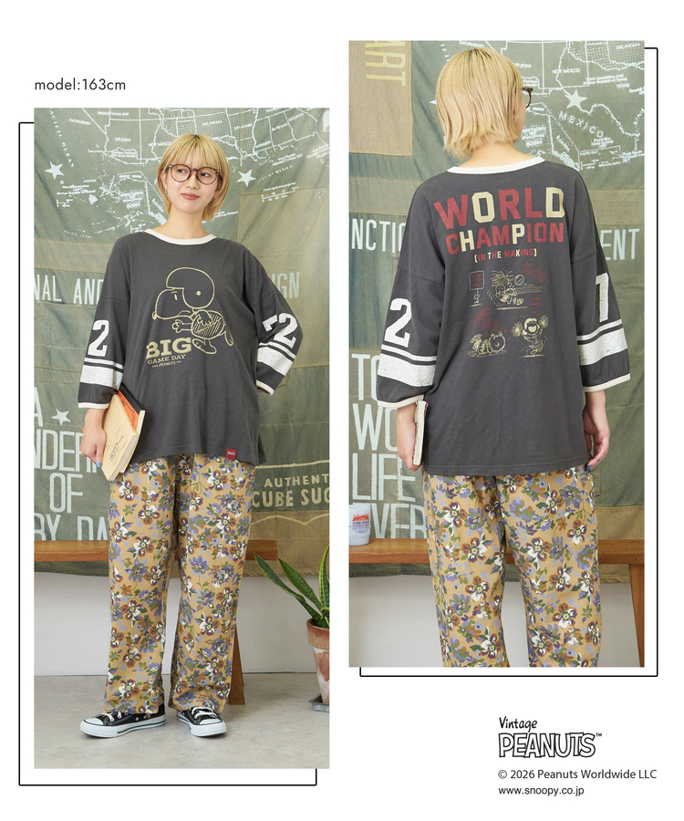 CUBE SUGAR(キューブシュガー) |【秋新作】PEANUTS ( ピーナッツ )  32/-スラブ天竺 ライン入り 7分袖 プルオーバー Tシャツ