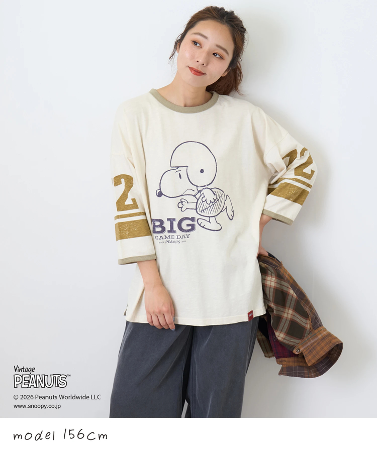 CUBE SUGAR(キューブシュガー) |【秋新作】PEANUTS ( ピーナッツ )  32/-スラブ天竺 ライン入り 7分袖 プルオーバー Tシャツ