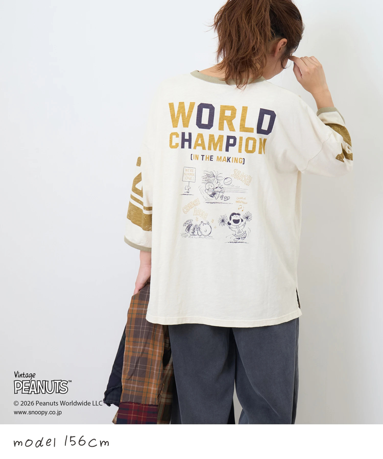 CUBE SUGAR(キューブシュガー) |【秋新作】PEANUTS ( ピーナッツ )  32/-スラブ天竺 ライン入り 7分袖 プルオーバー Tシャツ