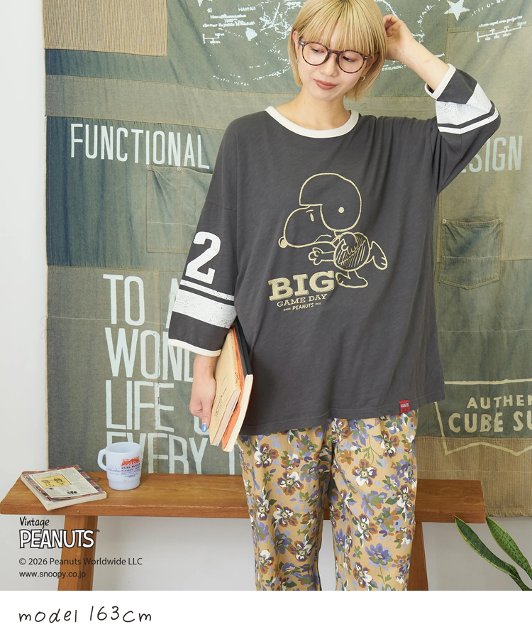 CUBE SUGAR(キューブシュガー) |【秋新作】PEANUTS ( ピーナッツ )  32/-スラブ天竺 ライン入り 7分袖 プルオーバー Tシャツ