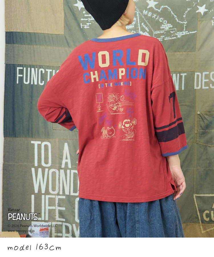 CUBE SUGAR(キューブシュガー) |【秋新作】PEANUTS ( ピーナッツ )  32/-スラブ天竺 ライン入り 7分袖 プルオーバー Tシャツ