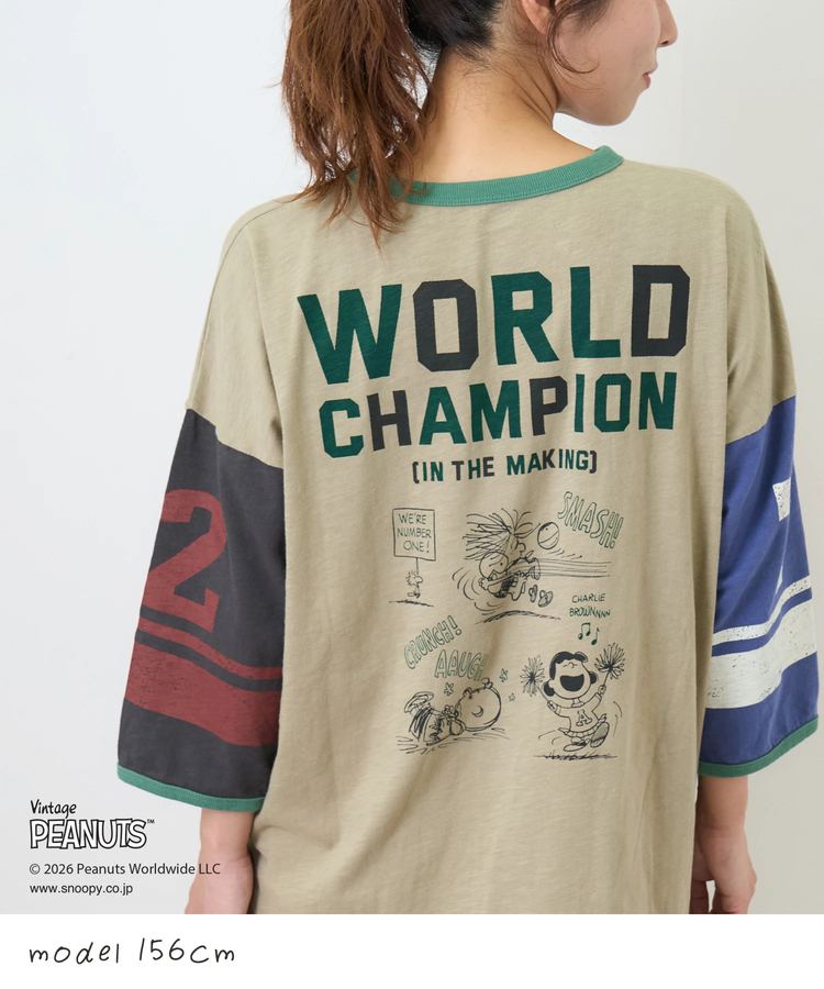 CUBE SUGAR(キューブシュガー) |【秋新作】PEANUTS ( ピーナッツ )  32/-スラブ天竺 ライン入り 7分袖 プルオーバー Tシャツ