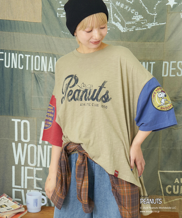 CUBE SUGAR(キューブシュガー) |【秋新作】PEANUTS ( ピーナッツ )  32/-スラブ天竺 配色 ワイド Tシャツ