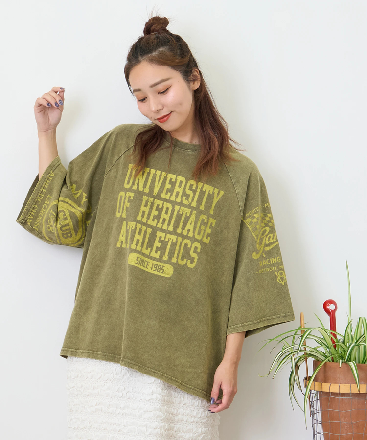 CUBE SUGAR(キューブシュガー) |【秋新作】21/-OE天竺 パウダー加工 ラグラン 6分袖 ロゴプリント Tシャツ