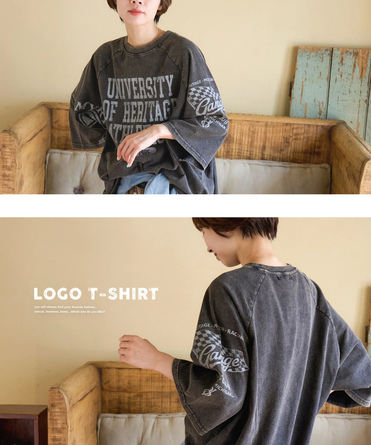 CUBE SUGAR(キューブシュガー) |【秋新作】21/-OE天竺 パウダー加工 ラグラン 6分袖 ロゴプリント Tシャツ